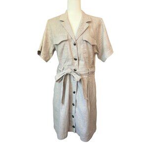 Banana Republic Linen Blend Belted Shirt Dress Khaki Beige Button Front Size 12